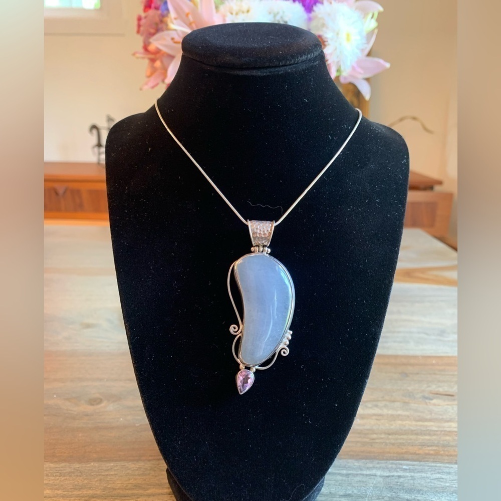 Sterling Silver Necklace Big Pendant Light Blue Stone Stamped 925 AF Vtg OOAK